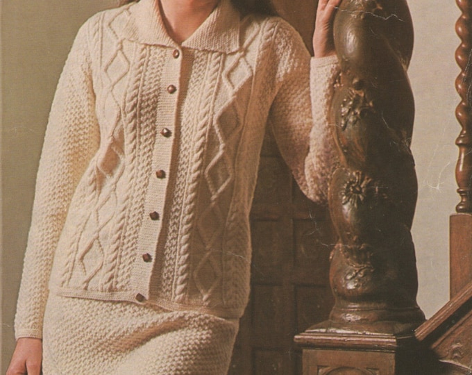 Womens Aran Suit Knitting Patterrn PDF Jacket and Skirt, Ladies 34, 36, 38 and 40 inch bust, Vintage Aran Knitting Patterns for Women