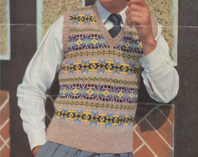 Mens Fair Isle Pullover Knitting Pattern PDF Mans 36 - 38 inch chest, 1940's Style, Vintage Fair Isle Knitting Patterns for Men, Download