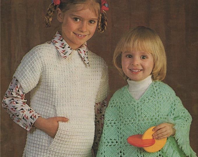 Girls Poncho Crochet Pattern and Over Sweater Knitting Pattern PDF Toddlers 22, 24, 26 and 28 inch chest, Vintage Patterns for Children