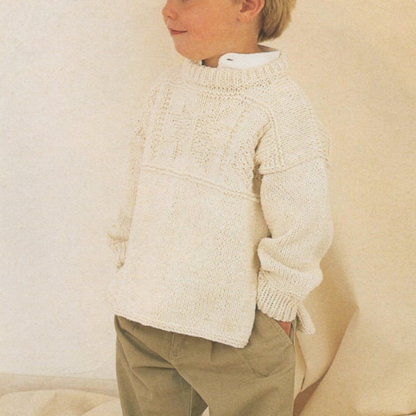 Childrens Aran Tunic Sweater Knitting Pattern PDF Boys or Girls 22, 24, 26, 28 and 30 inch chest, Patterned Long Jumper, Download Patterns