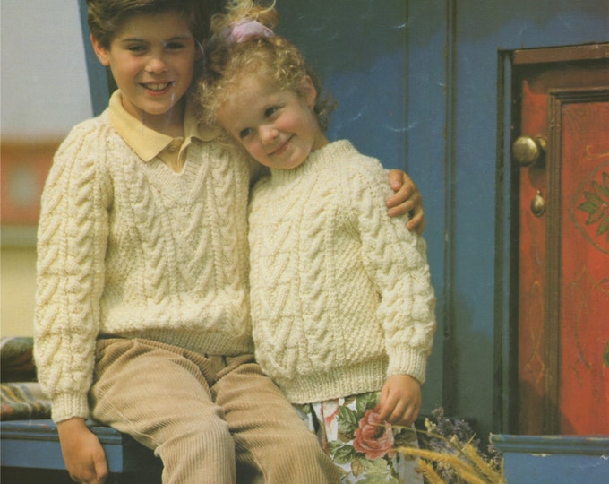 Childrens Aran Sweater Knitting Pattern PDF Boys or Girls 20, 22, 24, 26, 28 and 30 inch chest, Round or V Neck Jumper, e-pattern Download