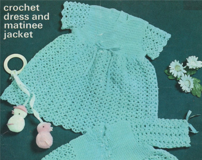 Baby Girls Dress and Matinee Jacket PDF Crochet Pattern . Babies 18 - 19 inch chest . Instant Digital Download