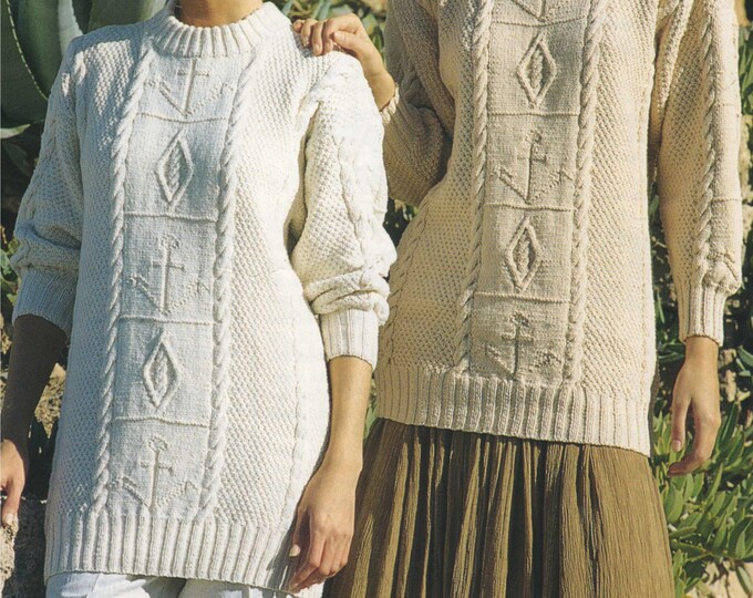 Womens Tunic Sweater Knitting Pattern PDF with Anchor Motif, Long Patterned Jumper, Vintage Knitting Patterns for Women, epattern Download