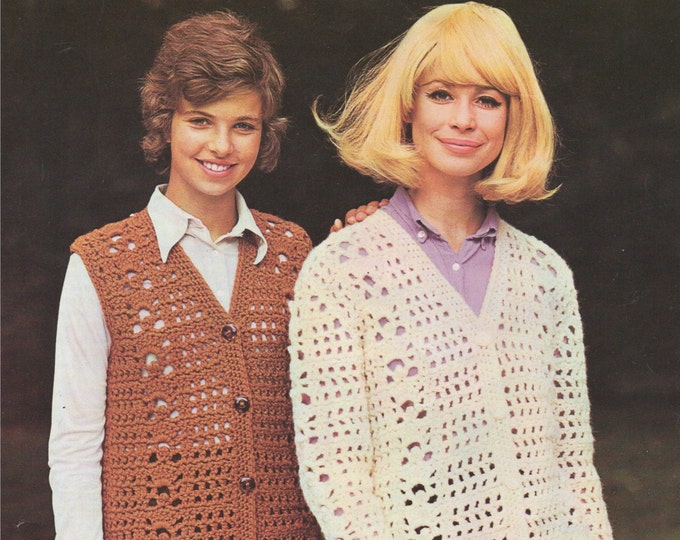 Womens Cardigan Crochet Pattern PDF Ladies 30, 32 and 34 inch bust, Long Waistcoat, Vintage Crochet Patterns for Women, e-pattern Download