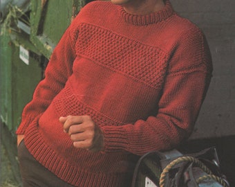 Mens Sweater Knitting Pattern PDF Mans 38, 40, 42 and 44 inch chest, Patterned Crew Neck Jumper, Vintage Knitting Patterns for Men, Download