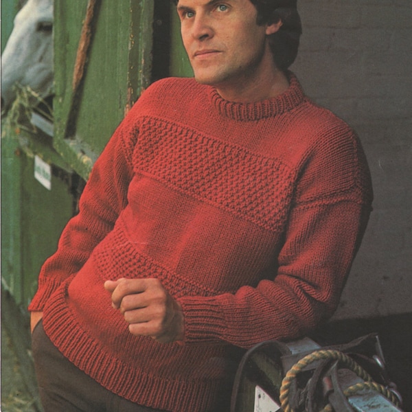 Mens Sweater Knitting Pattern PDF Mans 38, 40, 42 and 44 inch chest, Patterned Crew Neck Jumper, Vintage Knitting Patterns for Men, Download