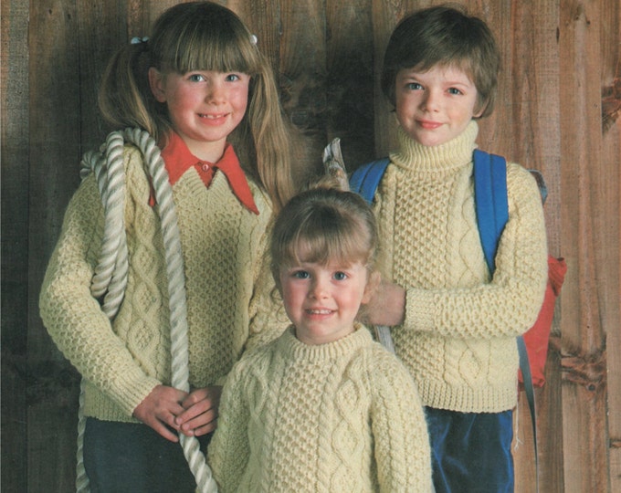 Aran Sweater Knitting Pattern PDF Boys or Girls 20, 22, 24, 26, 28, 30 & 32 inch chest, Aran Jumper, Vintage Knitting Patterns for Children