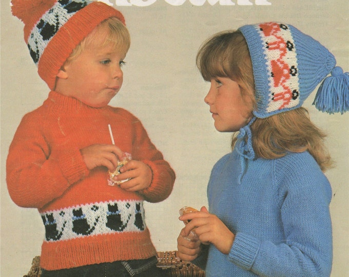 Fair Isle Sweater and Hat Knitting Pattern PDF Boys or Girls 20, 22, 24 inch chest, Cat & People Jumper, Vtg Knitting Patterns for Children
