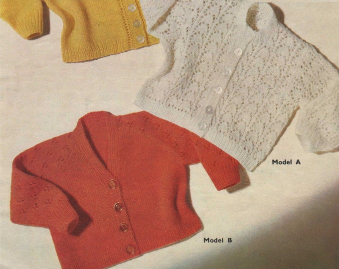 Baby Cardigan PDF Knitting Pattern : Babies 21 inch chest . 3 Designs . Boy or Girl . Lacy . V-neck . Lacy Sleeves . Digital Download