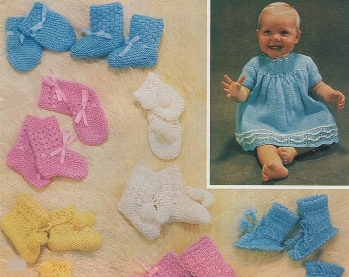 Babies Matinee Coat, Dress, Mittens and Bootees Knitting Pattern PDF Baby Girls 18 inch chest, Mitts and Booties, Knitting Patterns for Baby