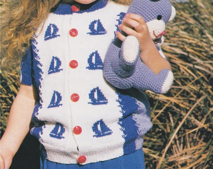 Round Neck Cardigan with Boat Motif Knitting Pattern PDF Girls or Boys 20, 22, 24 and 26 inch chest, Nautical, 5 ply Yarn, pdf Download