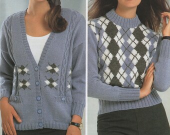 May include: Two women wearing blue knitted sweaters with different patterns. The sweater on the left has a cable knit design and a diamond pattern on the front. The sweater on the right has a diamond pattern all over.