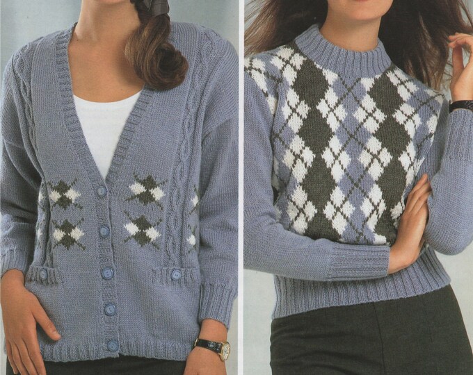 Womens Fair Isle Sweater and Cardigan Knitting Pattern PDF Ladies 30 - 32, 34 - 36 and 38 - 40 inch chest, Argyll Style Jumper, Download