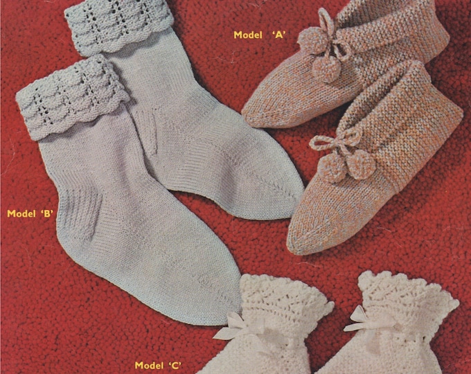 Womens Bedsocks and Slippers Knitting Pattern PDF Ladies Socks, Footsie Slippers, Winter Accessories, Vintage Knitting Patterns for Women