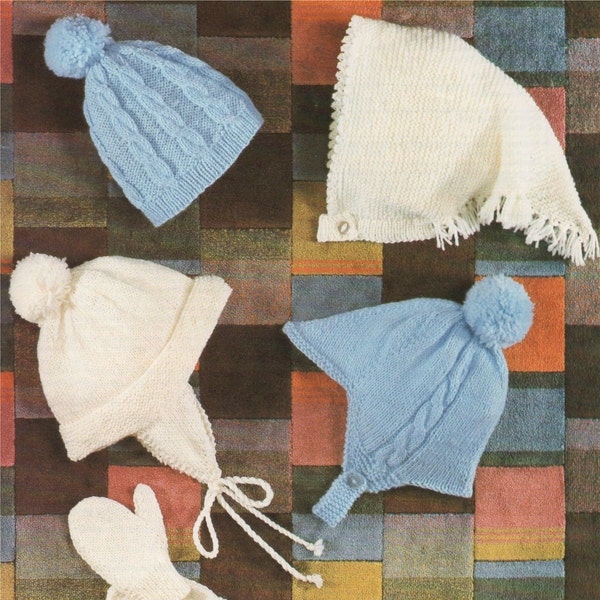 Hats and Mittens Knitting Pattern PDF Babies and Toddlers Boys or Girls 9 - 18 months, Cable Bobble Hat, Headscarf, epattern Download