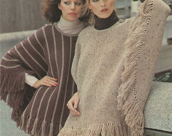 Womens Poncho Knitting Pattern PDF Ladies 32 - 38 inch bust, Fringed Cape Pattern, Vintage Knitting Patterns for Women, epattern Download