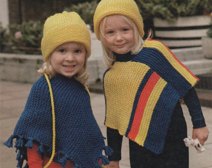 Girls Poncho, Hat and Mittens Knitting Pattern PDF Toddlers 20 - 22 and 24 - 26 inch chest, Vintage Knitting Patterns for Children, Download