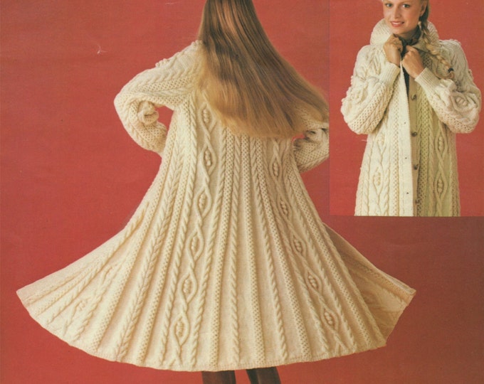 Womens Aran Swing Coat Knitting Pattern PDF Ladies 34, 36 and 38 inch bust, Winter Coat, Vintage Aran Patterns for Women, e-pattern Download