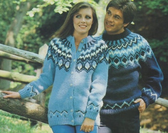 Fair Isle Sweater and Cardigan Knitting Pattern PDF Womens & Mens 32, 34, 36, 38, 41, 43, 45 inch chest, Vintage Knitting Patterns Download