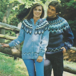 Fair Isle Sweater and Cardigan Knitting Pattern PDF Womens & Mens 32, 34, 36, 38, 41, 43, 45 inch chest, Vintage Knitting Patterns Download