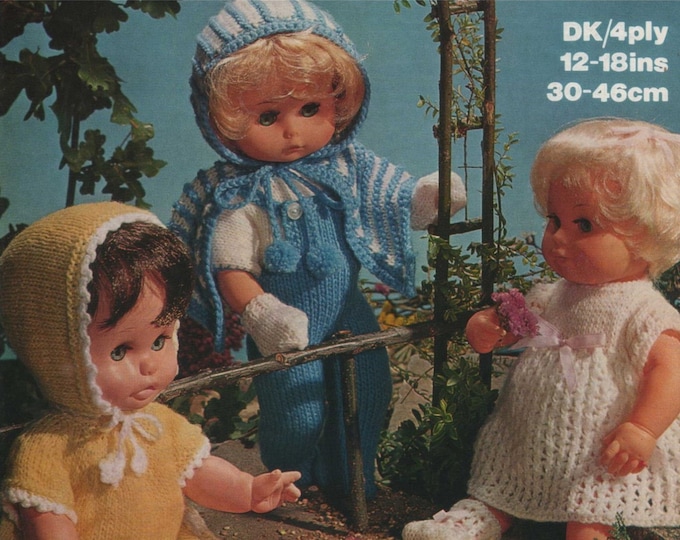 Dolls Clothes Knitting Pattern PDF for 12, 14, 16 and 18 inch Baby Doll, Tiny Tears Doll, Babyborn Doll, Vintage Knitting Patterns for Dolls