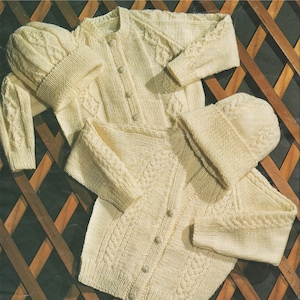 Childrens Aran Cardigan and Hat Knitting Pattern PDF Boys or Girls 24, 26, 28 and 30 inch chest, Vintage Aran Knitting Patterns for Children