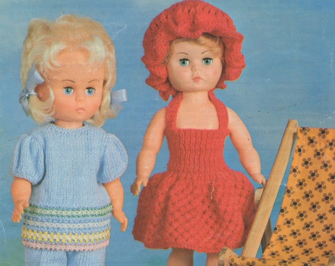 Dolls Clothes Knitting Pattern PDF 14 inch Doll, Beach Wear Dolls Outfit Pattern, Vintage Knitting Patterns for Dolls, pdf Download