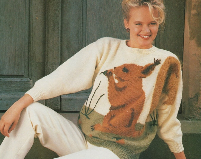 Womens Squirrel Motif Sweater Knitting Pattern PDF Ladies 34 - 36 and 38 - 39 inch chest, Jumper, Vintage Knitting Patterns for Women