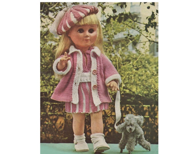 Dolls Clothes Knitting Pattern PDF for 14 and 17 inch doll, Miss Selfridge, American Girl, Vintage Knitting Patterns for Dolls Outfit