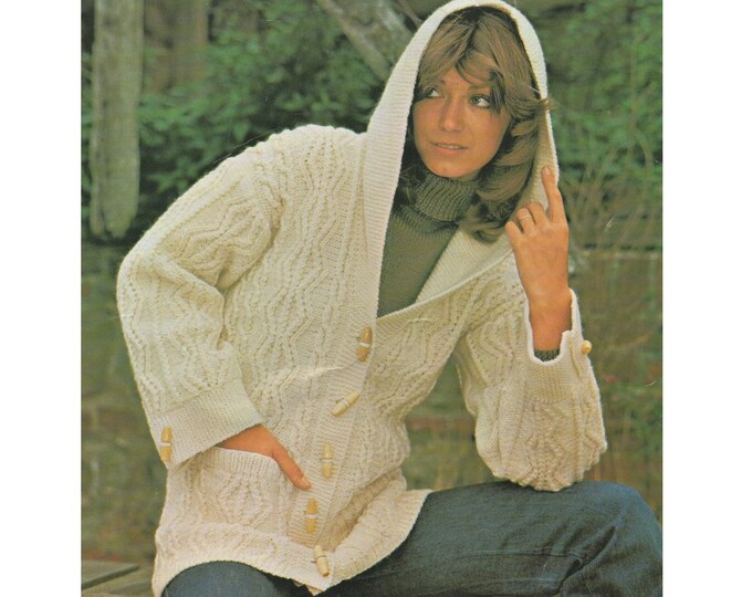 Womens Hooded Aran Jacket Knitting Pattern PDF Ladies 34, 36, 38 and 40 inch chest, Hoodie Cardigan, Vintage Knitting Patterns for Women