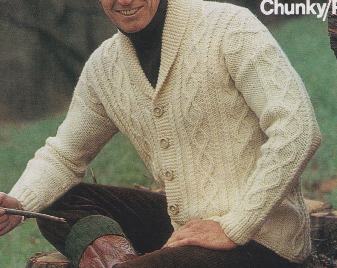 Mens Cardigan Knitting Pattern PDF Mans 36, 38, 40, 42 and 44 inch chest, Chunky Patterned Cardigan, Vintage Knitting Patterns for Men