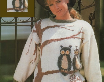 Womens Owl Sweater Knitting Pattern PDF Ladies 33 - 34, 36 - 38 & 39 - 41 inch chest, Owl Fair Isle Jumper with Cable Stitch Rib, Owl Motif