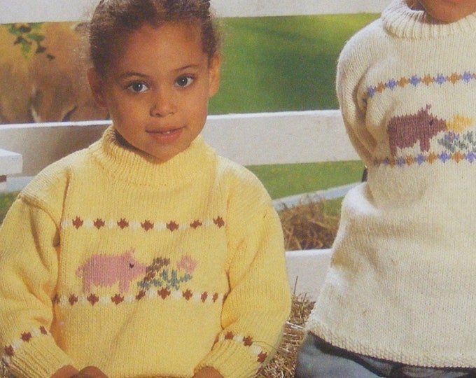 Childrens Tunic Jumper and Sweater Knitting Pattern PDF with Pig Motif, Swiss Darning Chart, Boys or Girls 22, 24, 26, 28 & 30 inch chest