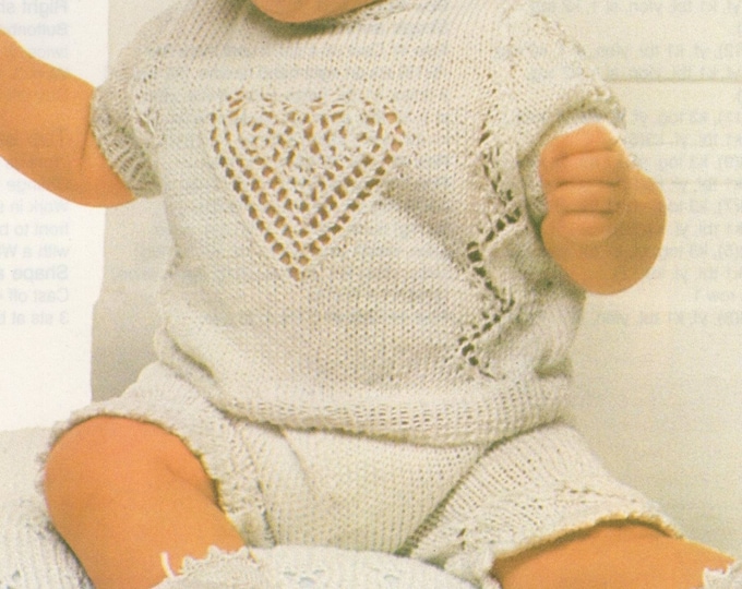 Babies Sweater Top, Shorts and Bootees Knitting Pattern PDF Baby Boys or Girls 20 and 22 inch chest, Jumper, Heart Design, DK yarn, Download