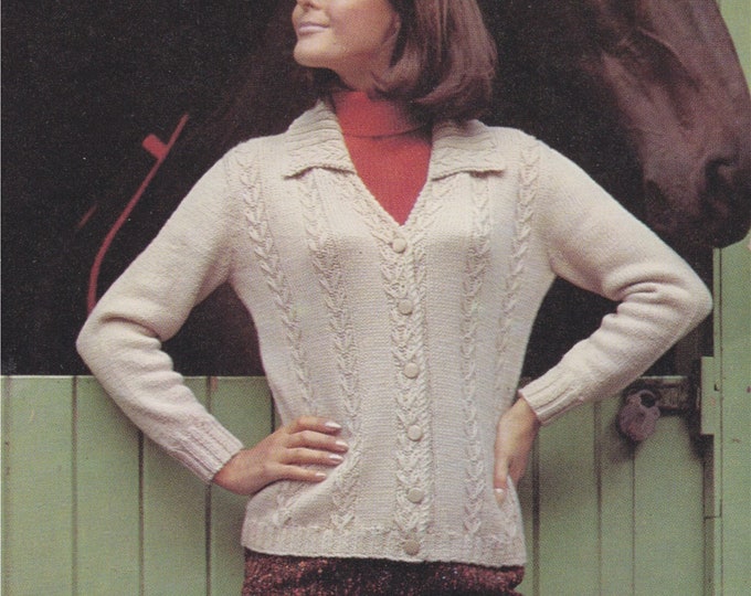 Womens Patterned V Neck Cardigan with Collar Knitting Pattern PDF Ladies 34, 36, 38 and 40 inch bust, Vintage Knitting Patterns for Women