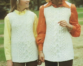 Aran Tunic Pullover Knitting Pattern PDF Ladies and Girls 30, 32, 34, 36 and 38 inch chest, Long Tank Top, Vintage Aran Knitting Patterns
