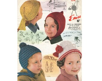 Hats for Children Knitting Pattern PDF 4 Styles, Boys or Girls, Florentine, Pixie, Lama and Ski Hat, Vintage Knitting Patterns for Children