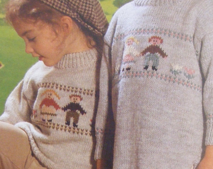 Childrens Tunic Jumper and Sweater Knitting Pattern PDF with People Motif, Swiss Darning Chart, Boys or Girls 22, 24, 26, 28 & 30 inch chest