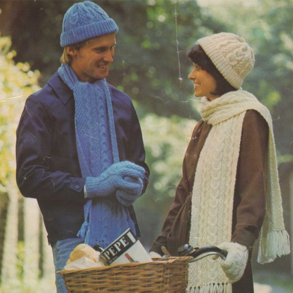 Aran Scarf, Hat and Gloves Knitting Pattern PDF Womens and Mens Patterned Hats and Scarves, Vintage Aran Knitting Patterns, pdf Download