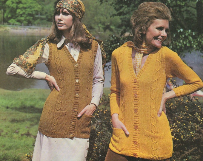 Womens Cardigan and Waistcoat Knitting Pattern PDF Ladies 34, 36 and 38 inch chest, Patterned Long Gilet, Vintage Knitting Patterns for Wome