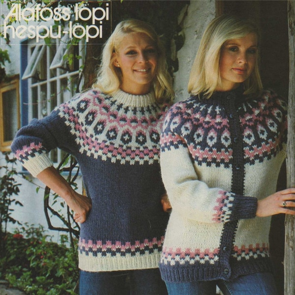 Womens Fair Isle Sweater and Cardigan Knitting Pattern PDF Ladies 32, 34, 36, 38, 41, 43 and 45 inch bust, Fair Isle Yoke Jumper, Download