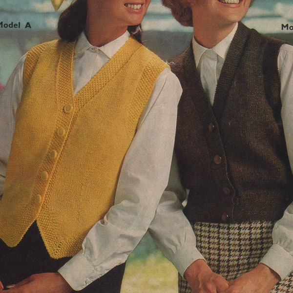 Womens Waistcoat Knitting Pattern PDF in 2 Designs, Ladies 34, 36, 38 & 40 inch chest, Gilet, Vintage Knitting Patterns for Women, Download