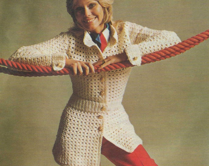 Womens Belted Longline Jacket Crochet Pattern PDF Ladies 36, 38 & 40 inch bust, Long Cardigan with Belt, Vintage Crochet Patterns for Women