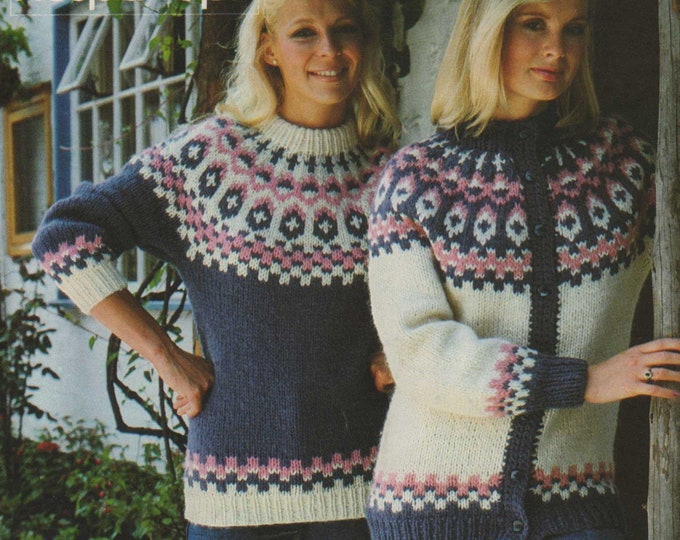 Womens Fair Isle Sweater and Cardigan Knitting Pattern PDF Ladies 32, 34, 36, 38, 41, 43 and 45 inch bust, Fair Isle Yoke Jumper, Download