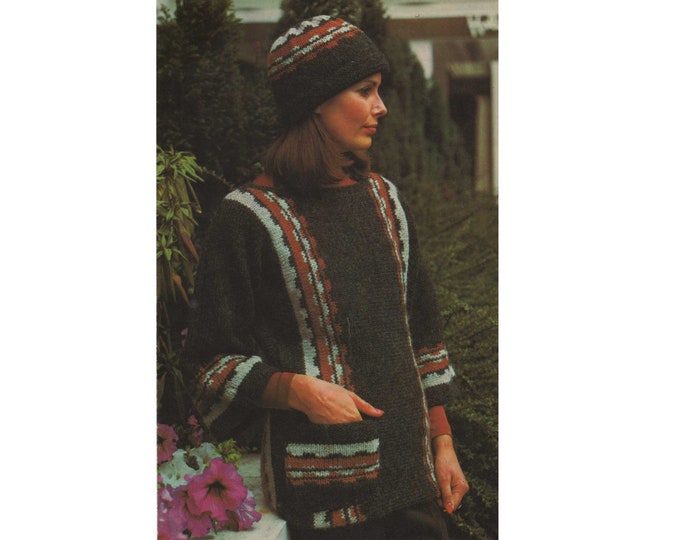 Womens Fair Isle Tunic Sweater and Hat Knitting Pattern PDF Ladies 34, 36, 38 and 40 inch bust, Vintage Knitting Patterns for Women
