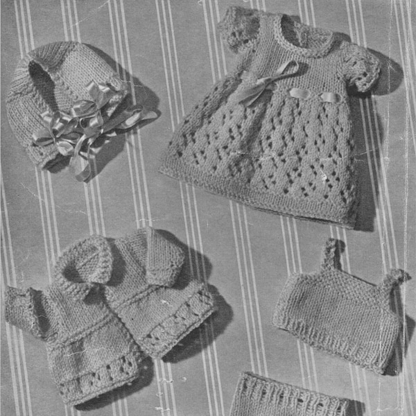 Dolls Clothes Knitting Pattern PDF for a 10 inch high Doll, Dress, Coat, Bonnet, Bootees, Vest & Pilch, Vintage Knitting Patterns for Dolls