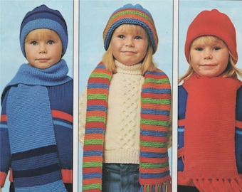 Childrens Hat and Scarf Knitting Pattern PDF Boys or Girls, Winter Accessories Hats and Scarves, Vintage Knitting Patterns for Children, pdf