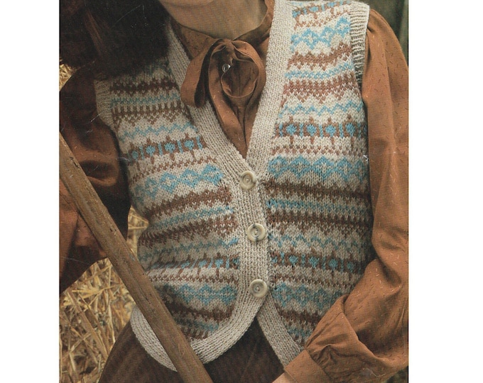 Womens Fair Isle Waistcoat Knitting Pattern PDF for Ladies 32, 34, 36, 38 and 40 inch chest, Vintage Fair Isle Knitting Patterns for Women