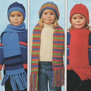 Childrens Hat and Scarf Knitting Pattern PDF Boys or Girls, Winter Accessories Hats and Scarves, Vintage Knitting Patterns for Children, pdf