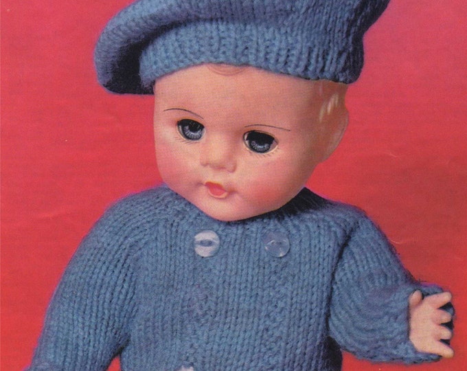 Dolls Clothes Knitting Pattern PDF for 12, 14 and 16 inch doll, Short Coat, Romper, Beret and Bootees, Vintage Knitting Patterns for Dolls